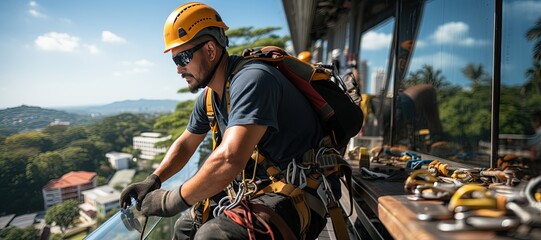 Workers cleaning high-rise windows, equipped with harnesses and hard hats, are carefully suspended by ropes working at height. Generated with AI
