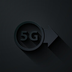 Paper cut 5G new wireless internet wifi connection icon isolated on black background. Global network high speed connection data rate technology. Paper art style. Vector