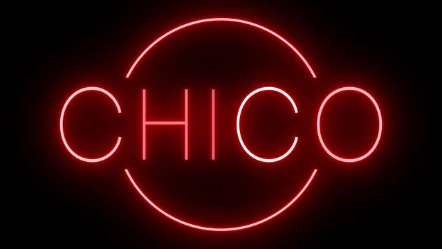 Red flickering and blinking animated neon sign for the city of Chico