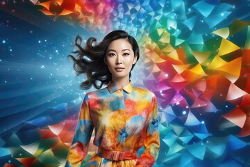 Obraz na płótnie Canvas Asian Woman Standing in Front Of Rainbow Infinity Swirls, concept for Neurodiversity or Autism Acceptance, created with geenrative AI
