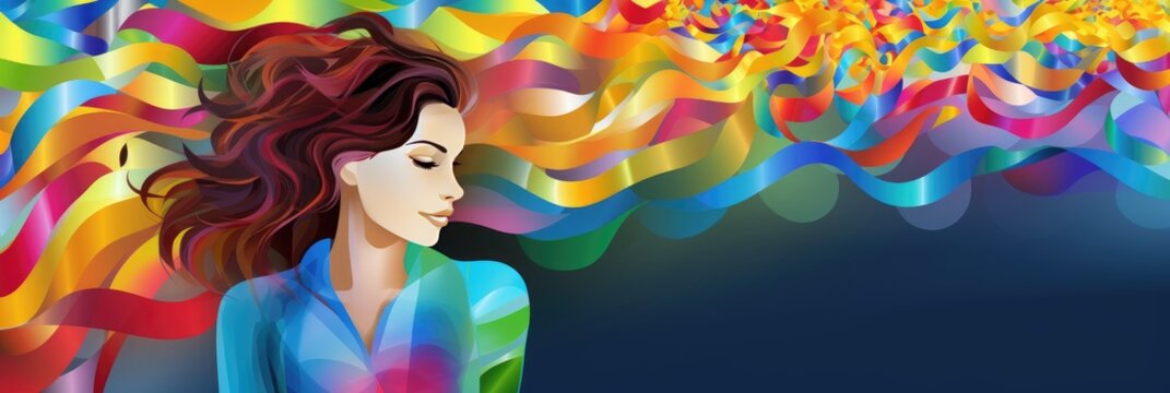 Woman Standing in Front Of Rainbow Infinity Swirls, concept for Neurodiversity, neurodivergent or Autism Acceptance, Find a Rainbow Day