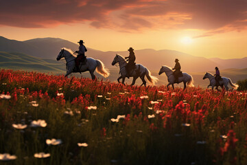 Horseback Rhapsody Western sunset landscape with riders
