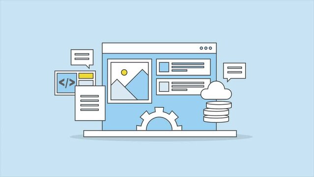 Concept of CMS, Website driven by Content management system . CMS software managing entire website. CMS hosting concept. Animation video clip.