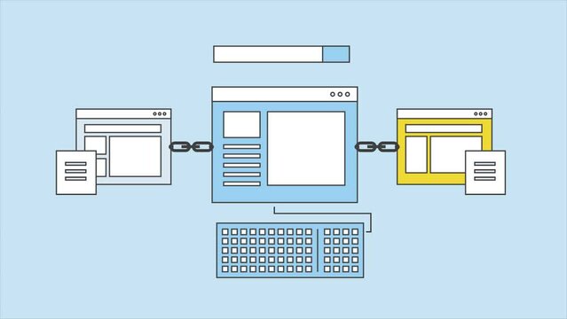 Link building strategy. Website link building. Website content links. Guest posting concept. Animation video clip.