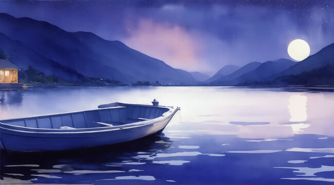 Boat on the lake watercolor oil painting wallpaper background landscape at night by Generative AI