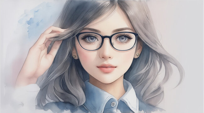 A detailed illustration of a beautiful girl wearing a eyeglasses watercolor art by Generative AI