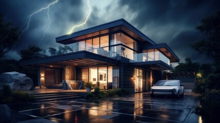 House on Heavy Lightning Thunder Strom Background, Home Insurance Concept. Generative Ai