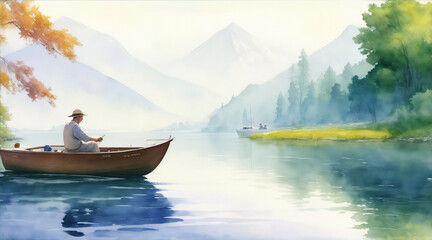 man on the lake watercolor oil painting wallpaper background by Generative AI