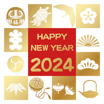 The Year 2024 New Year’s Vector Greeting Symbol With Japanese Vintage Lucky Charms.