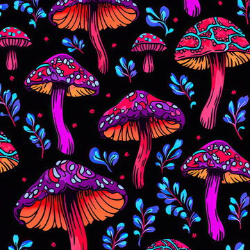 Bright colorful fantastic mushrooms in a forest clearing. Fantasy.