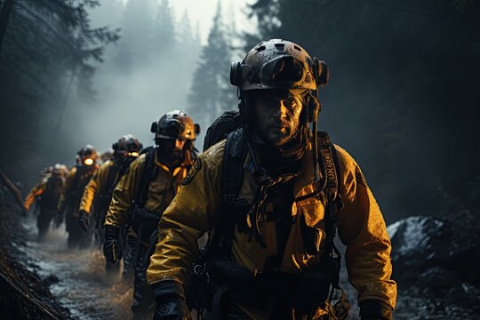  rescue personnel conducting a rescue operation in a dense forest or mountainous terrain. Generated with AI