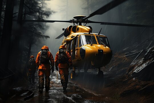  rescue personnel conducting a rescue operation in a dense forest or mountainous terrain. Generated with AI