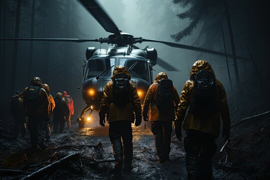  rescue personnel conducting a rescue operation in a dense forest or mountainous terrain. Generated with AI