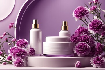 3D realistic beauty products presented on a podium with purple carnations and purple circular geometry on  pastel background. Mock ups for branding and packaging presentation