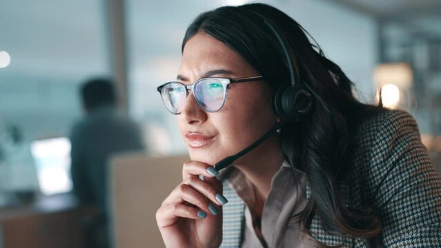 Call center, office and woman with glasses, reflection of computer and thinking with internet research at overtime. Night, help desk and customer service consultant reading on info at telecom agency.