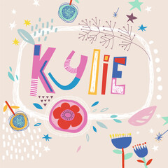 Bright card with beautiful name Kylie in flowers, petals and simple forms. Awesome female name design in bright colors. Tremendous vector background for fabulous designs