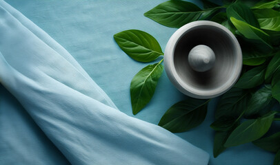 White mortar and pestle on blue background with green leaves. A cool and peaceful scene with a touch of nature and texture. Suitable for cooking, herbal, or health themes. - obrazy, fototapety, plakaty