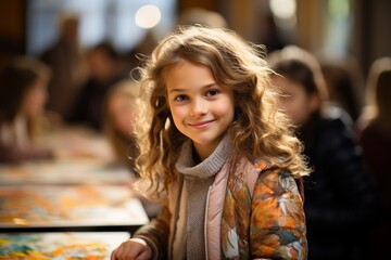 Fototapeta premium Little Girl Holding Crayon. Nurturing Early Creativity and Education. Bright School Background. Encouraging Imagination and Learning. Children's Development in Progress. Generative Ai