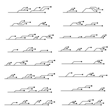 Set of printed circuit board PCB tracks silhouettes isolated on white background. Technical clipart with lines and dots. Dividers for design. Design element.