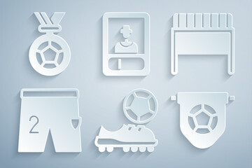 Set Football shoes, goal, Shorts for playing football, flag pennant, soccer card and medal icon. Vector