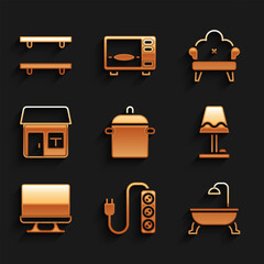 Set Cooking pot, Electric extension, Bathtub, Table lamp, Smart Tv, House, Sofa and Empty wooden shelves icon. Vector