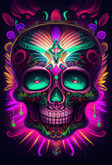 Rendered Calavera (Sugar Skull) in a modern style mixed with tradition for Dia de Los Muertos (Day of the dead). Flowers and skeleton computer generated to replicate photorealism and hyperrealism