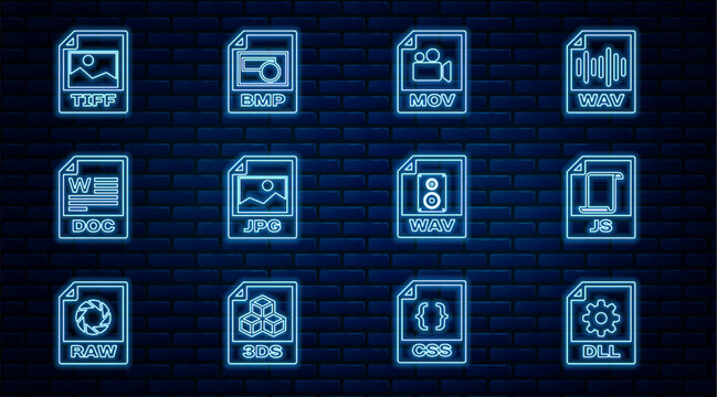 Set line DLL file document, JS, MOV, JPG, DOC, TIFF, WAV and BMP icon. Vector
