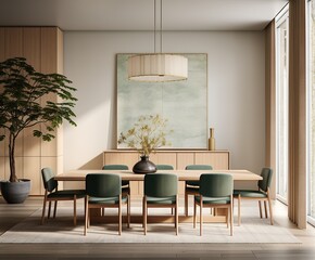 This minimalist scandinavian dining room offers a cozy space to gather, with a simple table surrounded by furniture, windows, houseplants, and a vase to create a peaceful, inviting atmosphere