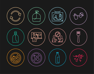 Set line Problem of pollution planet, Disposable plastic fork, Stop, Bottle liquid soap, Refresh, and icon. Vector