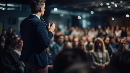 Wide shot of man giving a speech on stage during a seminar. Generative AI