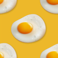 Vector Seamless Pattern with Realistic Fried Egg, Omelet on a Yellow Background. Healthy Breakfast, Protein Food, Diet Meal Concept. Design Template
