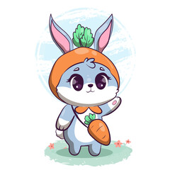 Kawaii bunny with carrot costume hand drawn style animal cartoon character