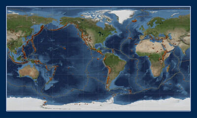 Volcanoes on the world satellite map - -90 PM. Patterson Cylindrical © Yarr65