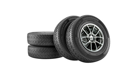 winter tyres with modern rims on a white background. - obrazy, fototapety, plakaty