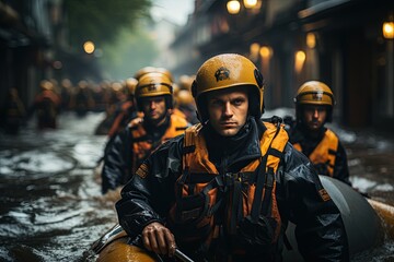 Rubber boat rescue team assisting people stranded on the roof of a flooded building amidst a severe storm and heavy rain