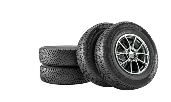 winter tyres with modern rims on a white background.