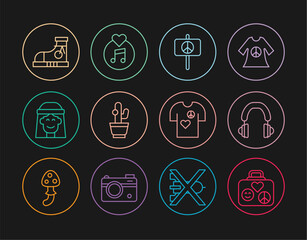 Set line Suitcase for travel, Headphones, Peace, Cactus, Hippie girl, Sneakers, t-shirt print stamp and Vinyl disk icon. Vector