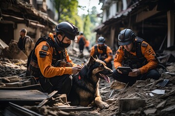 USAR (Urban Search and Rescue), along with their K9 search and rescue dogs. mobilizing to search for earthquake survivors amid the rubble of a collapsed building. Generated with AI - obrazy, fototapety, plakaty
