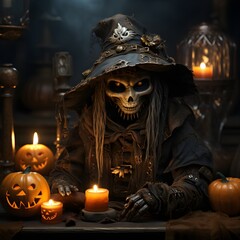 Fototapeta premium Witch Woman Celebrating Halloween in October, Autumn Season with Black and Orange Colors.