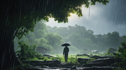 Human Daily Life on Rainy Day. Enjoying Rainfall and Happy Life, Lively Rainy Season Concept. Generative Ai