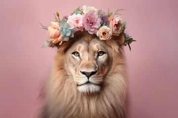 Gordijnen Portrait of lion with flowers on head on pastel pink background © Firn