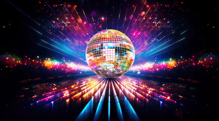 Abstract disco ball with colorful flares, beams and lights on dark background. Generative AI