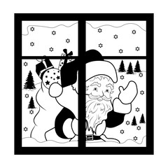 Santa Claus in the window, Hand Drawn Vector Illustration

