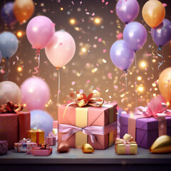 gift boxes with balloons and confetti