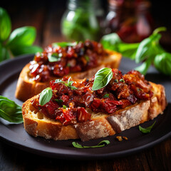 Bruschetta with tomato, basil on wooden board. Traditional italian appetizer or snack, antipasto