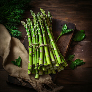 banches of fresh green asparagus on wooden background, top view