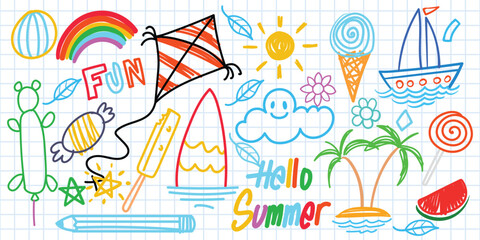 Summer funny hand drawn symbols vector set.  Childlike drawing hand drawn sketch.