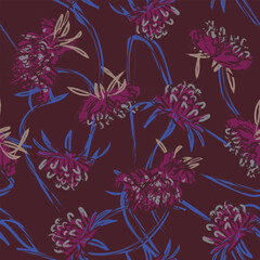 Fototapeta na wymiar Red Botanical Floral Seamless Pattern Design