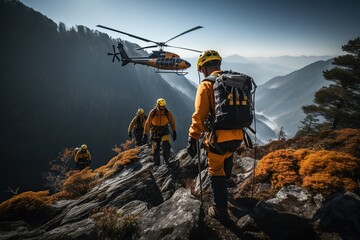 Obraz premium High-altitude rescue personnel use rope systems to rescue people in distress. Generated with AI