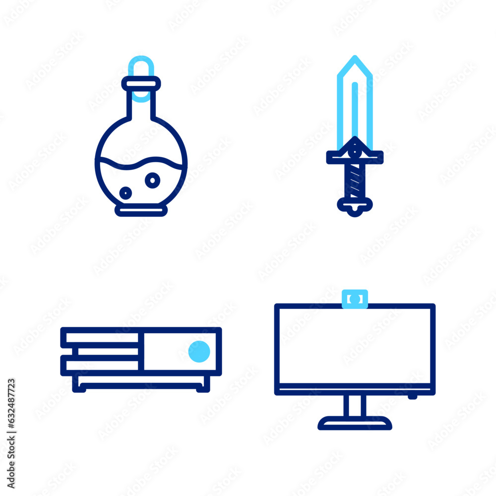 Poster set line computer monitor, video game console, sword for and bottle with magic elixir icon. vector